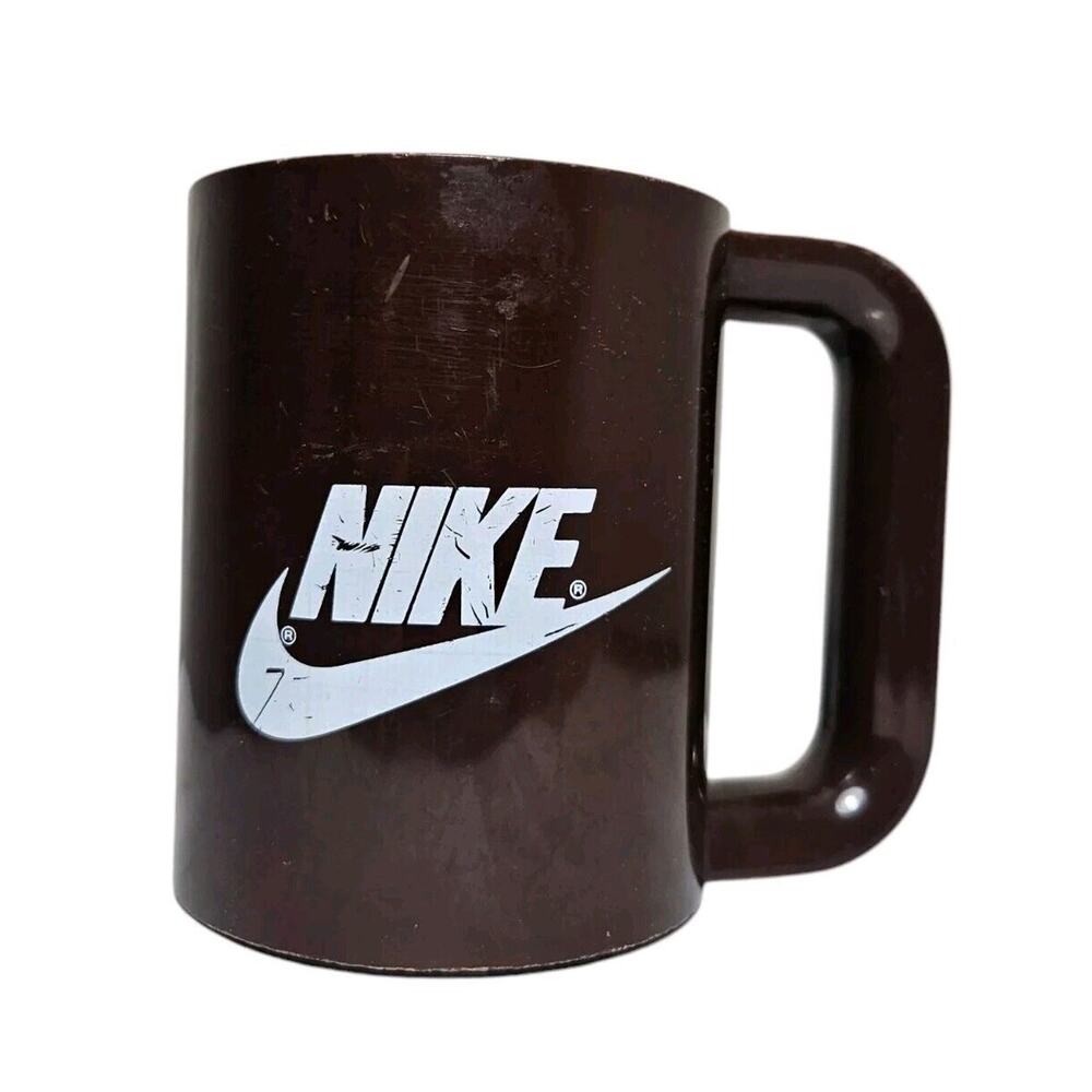 Vtg Nike Plastic Mug 80s Employee Gift Chocolate Brown White Logo Handled Cup